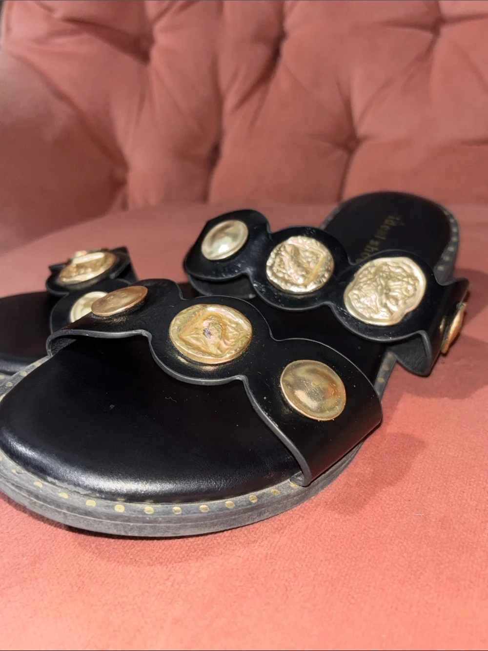 Black/gold medallion slip on slide flat sandals scalloped coin two strap 6.5